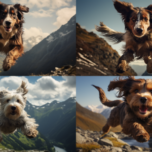 4 Bilder von fliegende Hunden in einer alpinen Landschaft